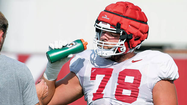 Razorbacks' offensive lineman Joshua Braun at practice outside back in early September.